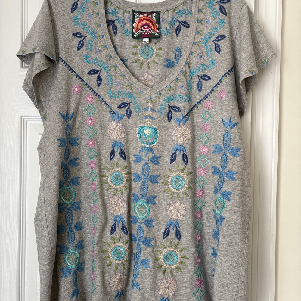 Johnny Was Gray Top with Colorful Embroidery